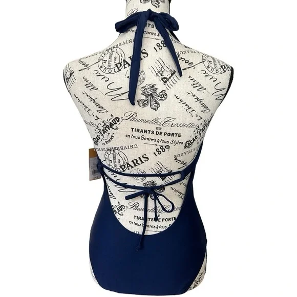 Kona Sol Navy Blue Crochet Necklace Coverage One Piece Swimsuit NEW - Picture 6 of 8